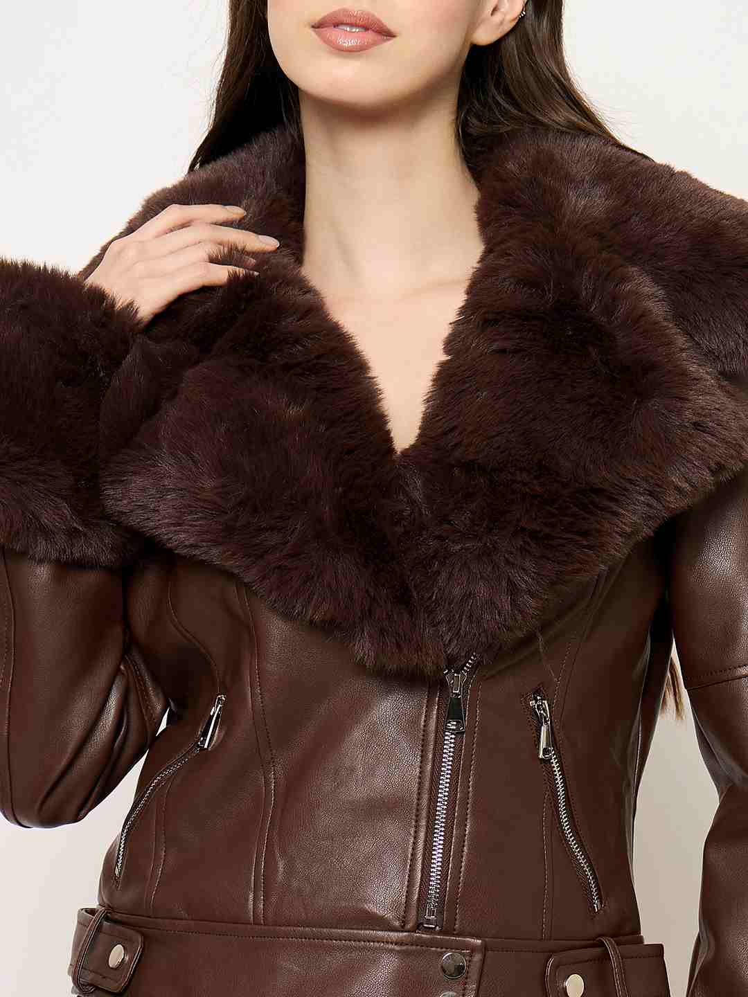 Madame Faux Fur Notch Lapel Collar Brown PU Leather Jacket - Image 7