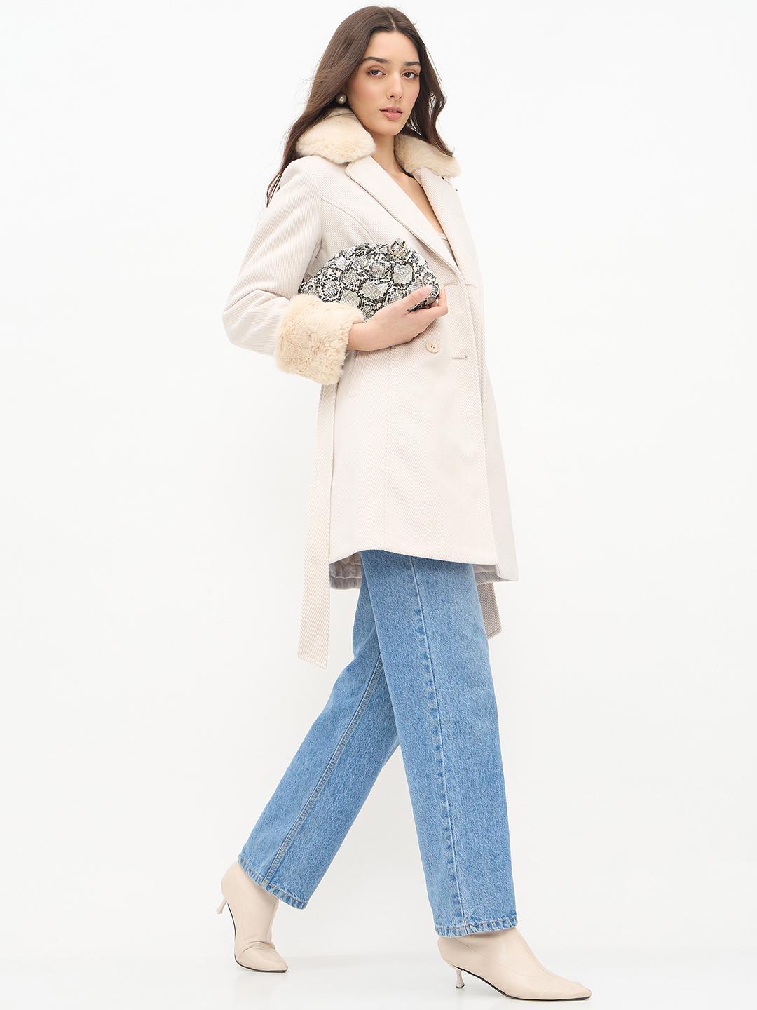 Madame Notch Lapel Neckline Belted Beige Long Coat - Image 2