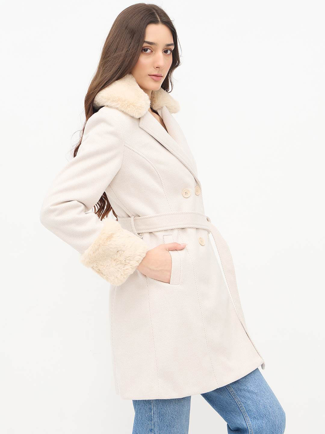 Madame Notch Lapel Neckline Belted Beige Long Coat - Image 4