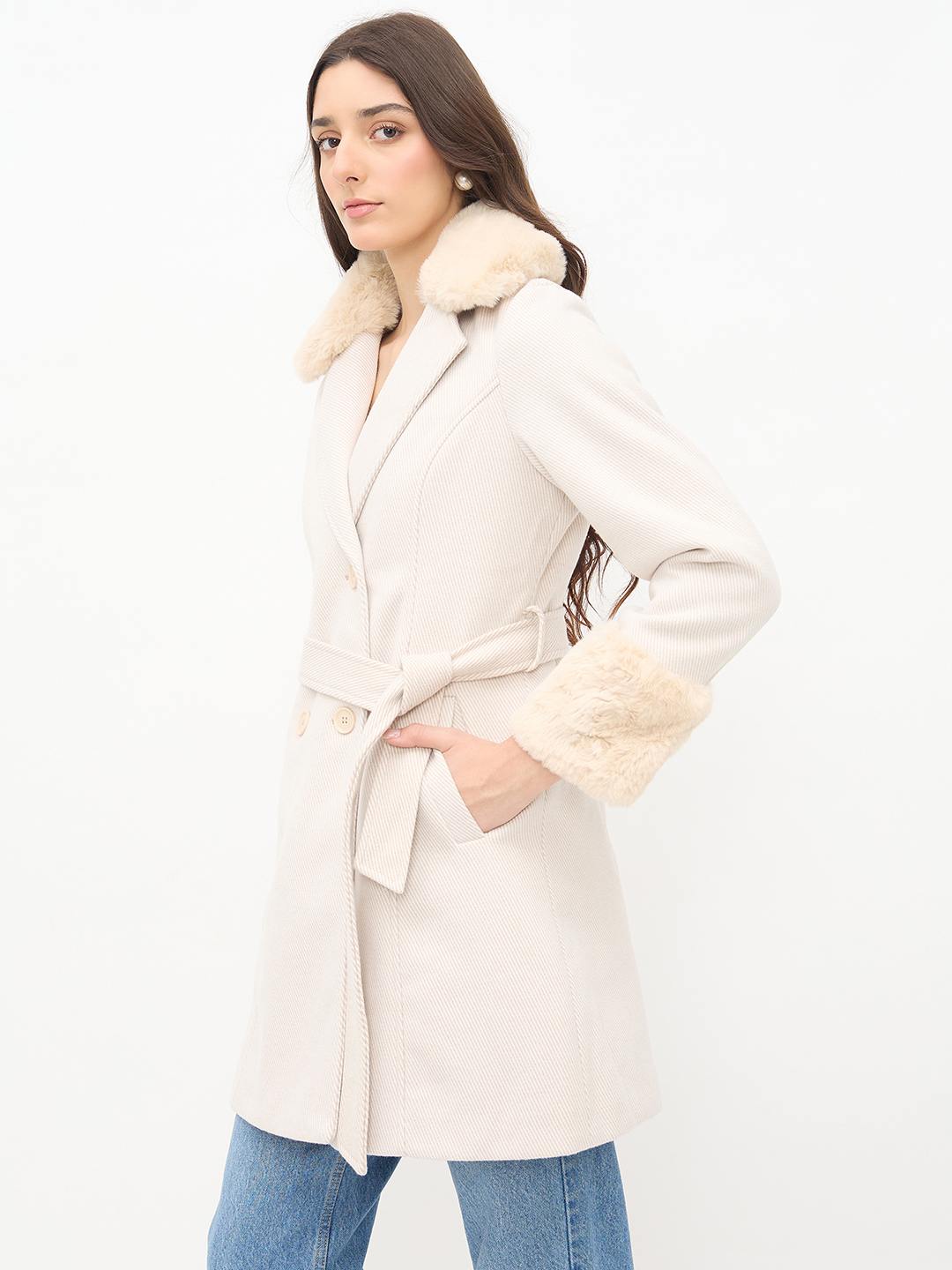 Madame Notch Lapel Neckline Belted Beige Long Coat - Image 5