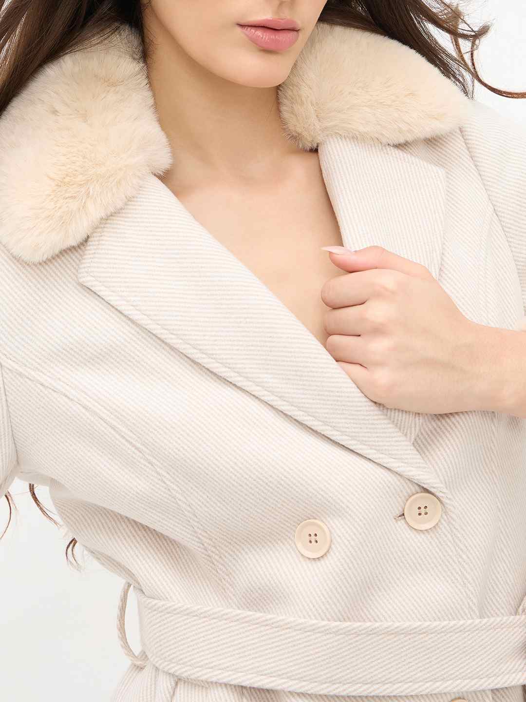 Madame Notch Lapel Neckline Belted Beige Long Coat - Image 7