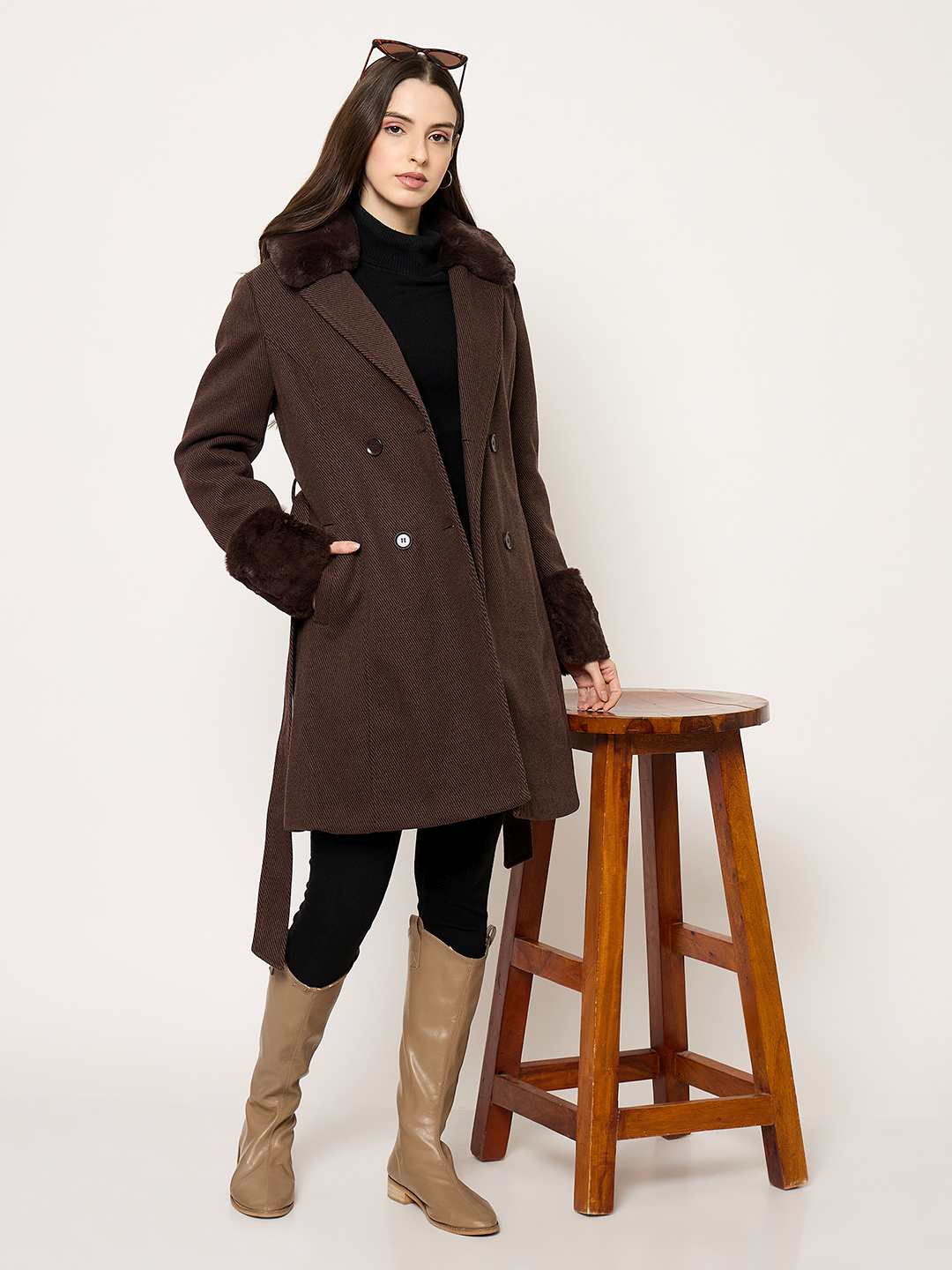 Madame Notch Lapel Neckline Brown Belted Long Coat - Image 2