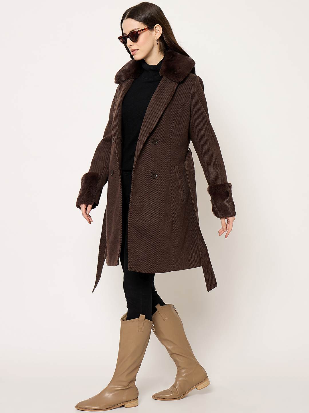 Madame Notch Lapel Neckline Brown Belted Long Coat - Image 3