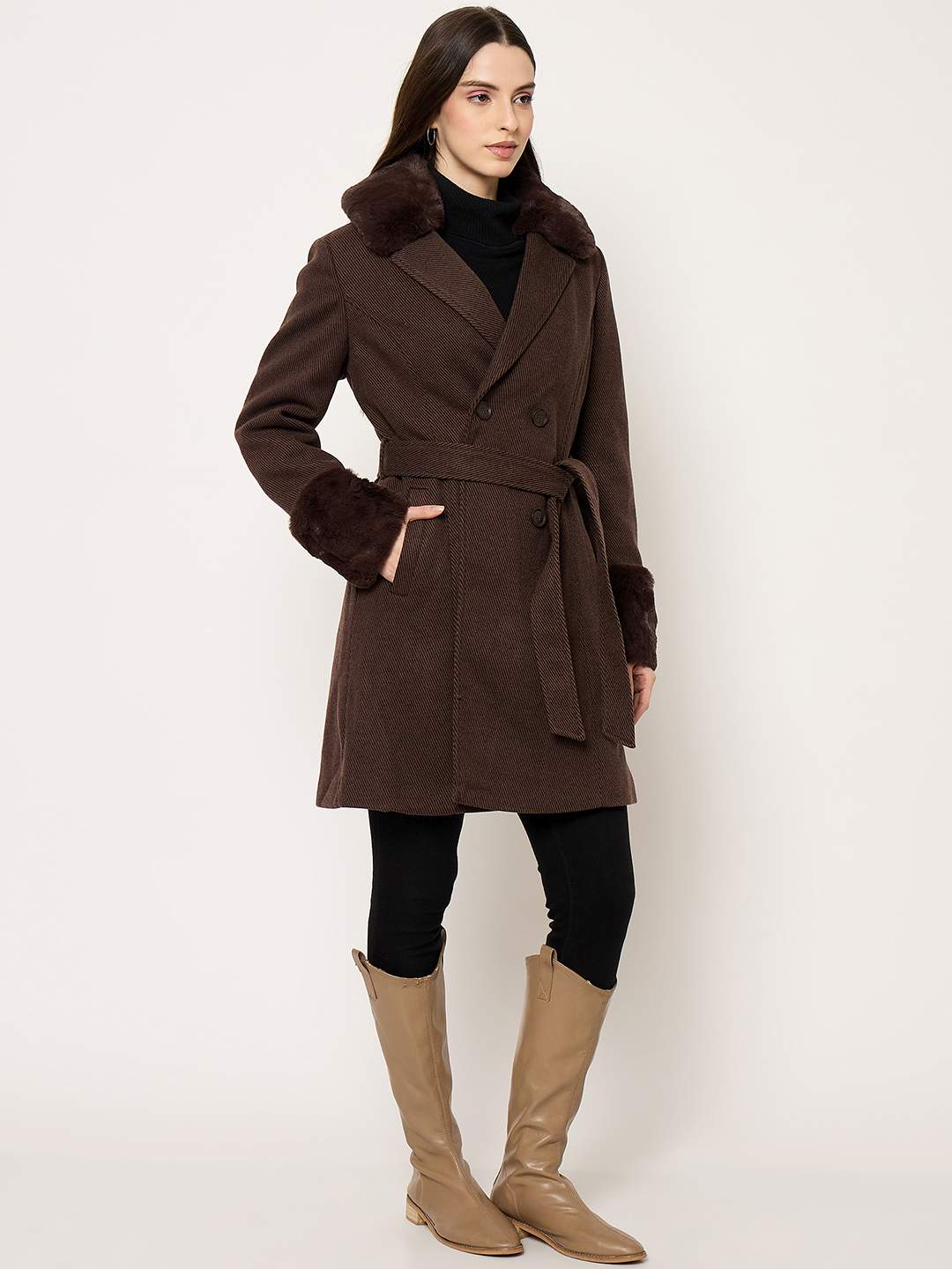 Madame Notch Lapel Neckline Brown Belted Long Coat - Image 4