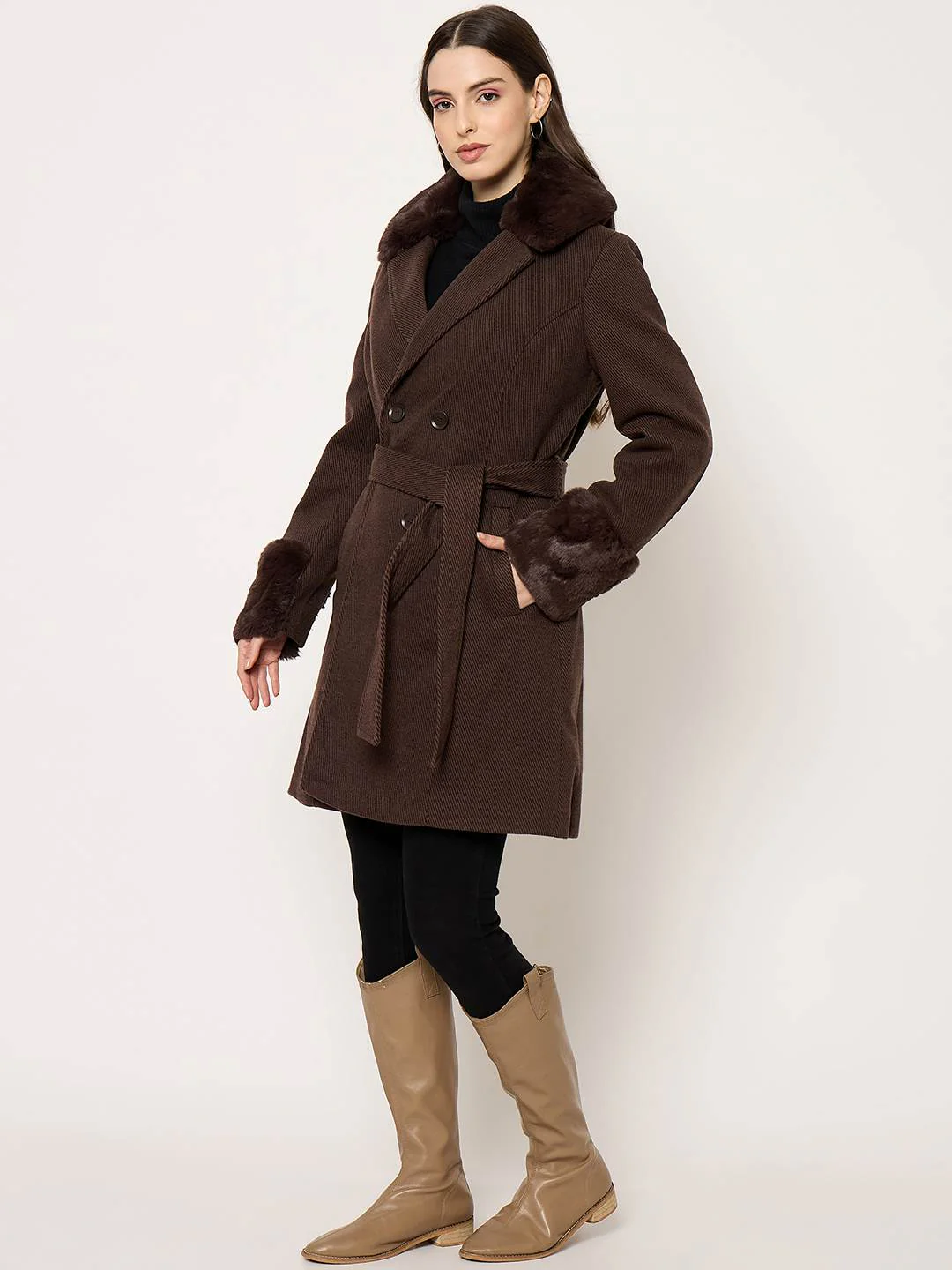 Madame Notch Lapel Neckline Brown Belted Long Coat - Image 5