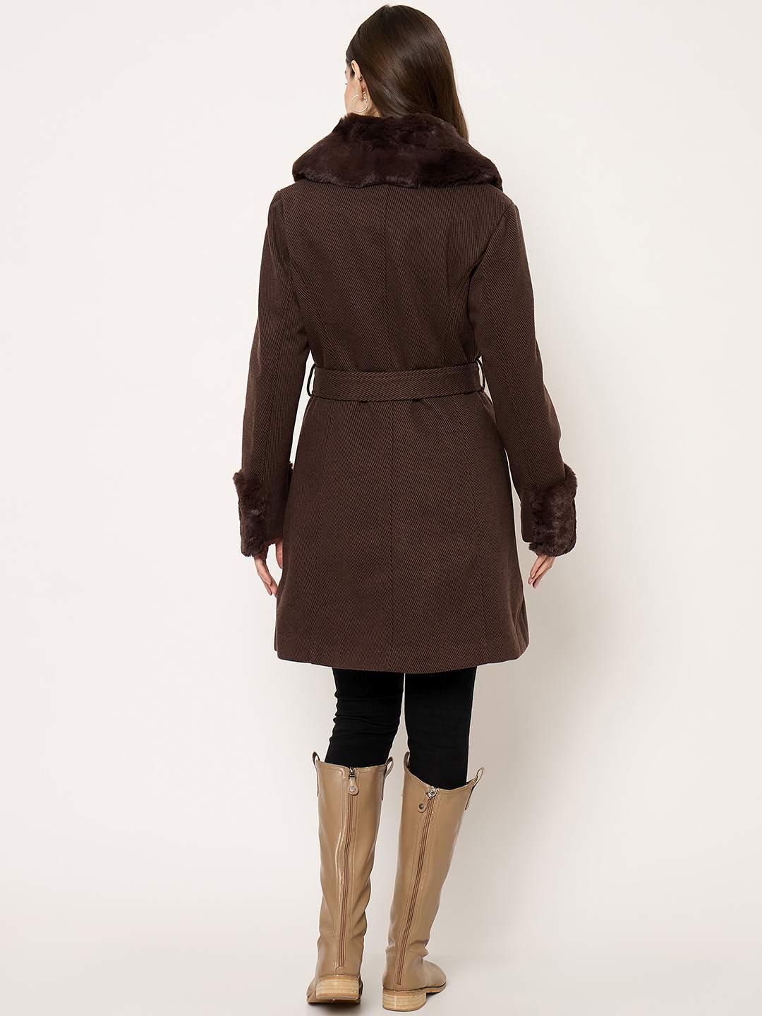 Madame Notch Lapel Neckline Brown Belted Long Coat - Image 6