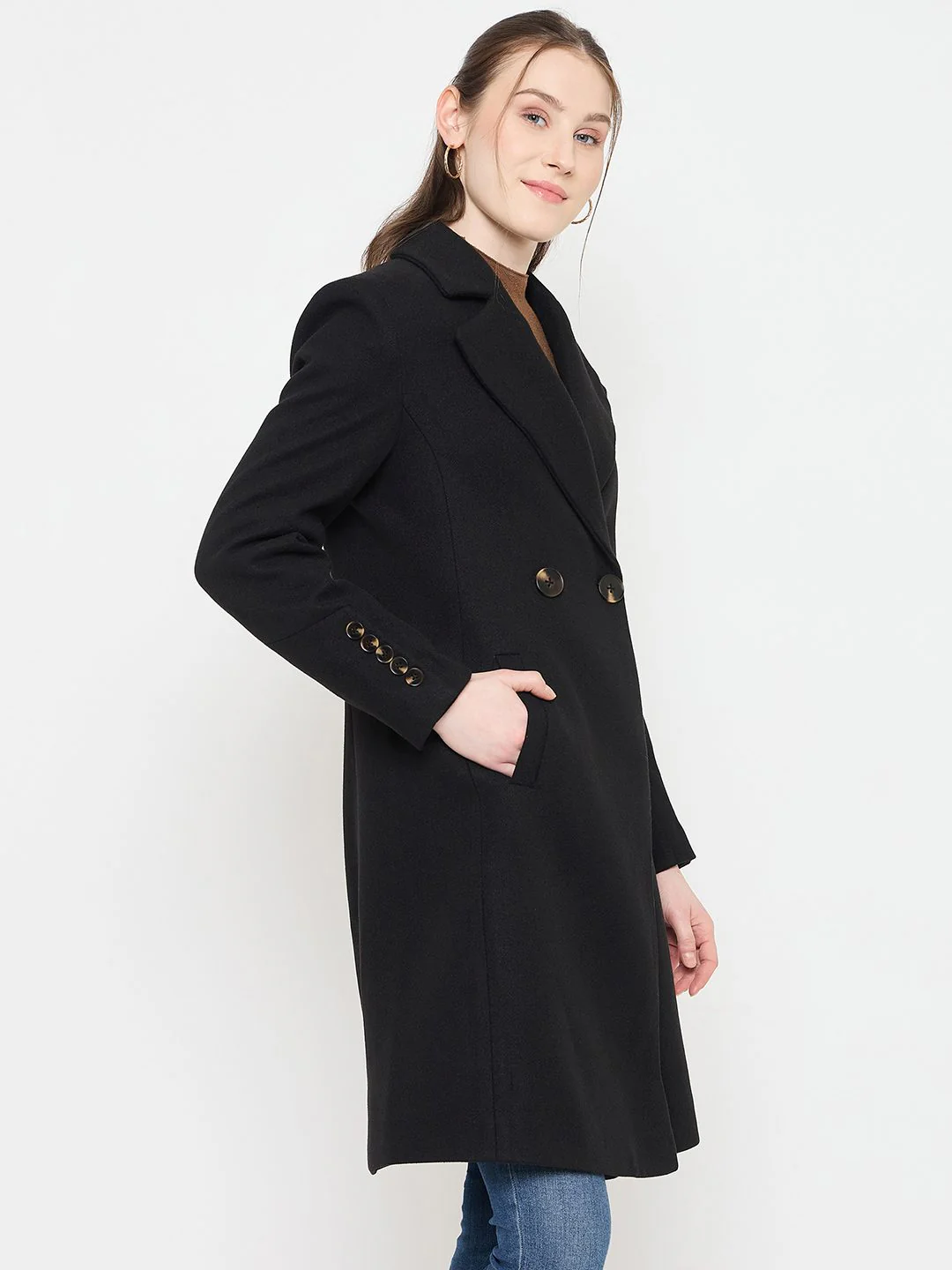 Madame Notch Lapel Neckline Long Coat with Buttons - Image 4
