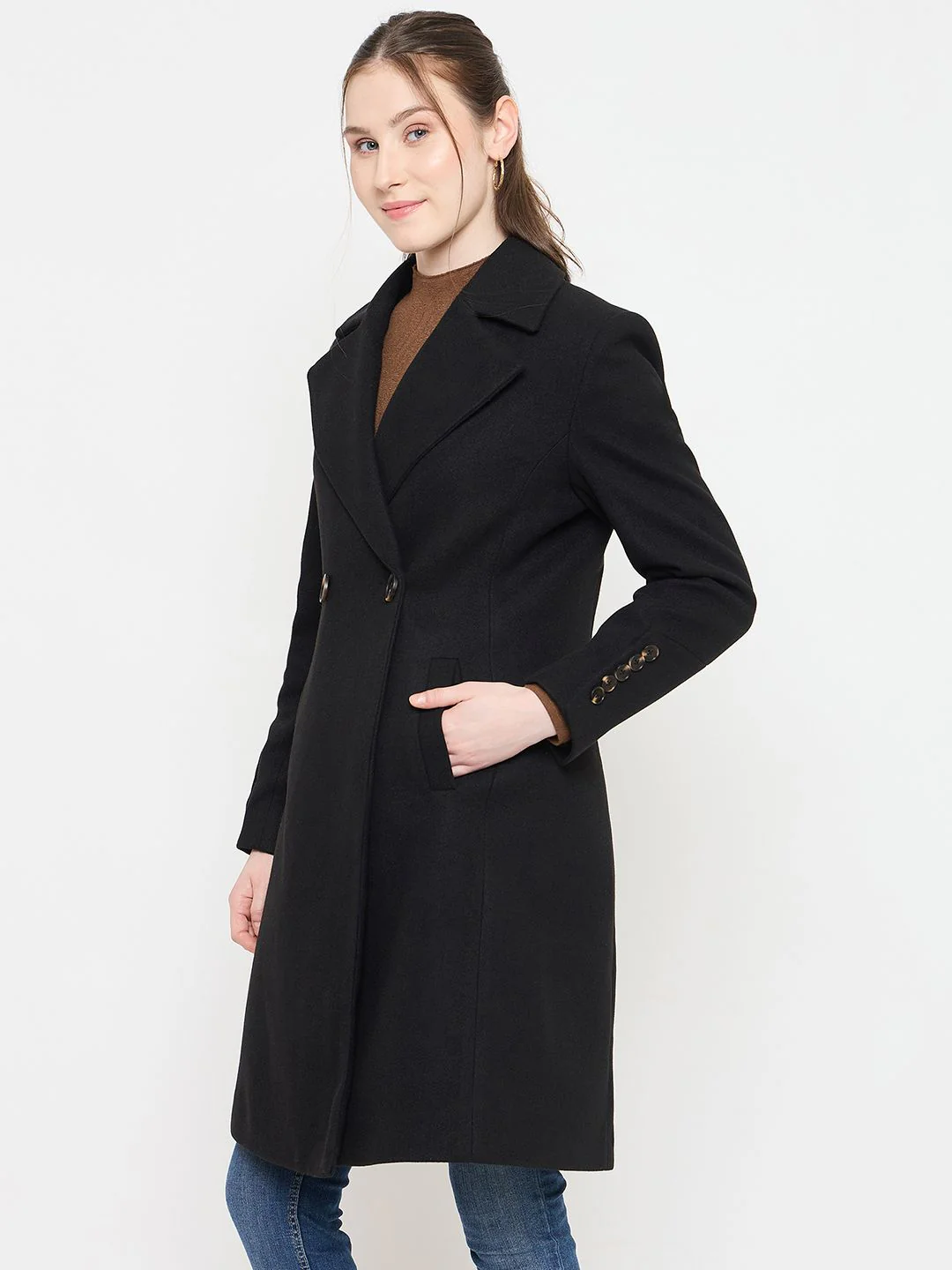 Madame Notch Lapel Neckline Long Coat with Buttons - Image 5