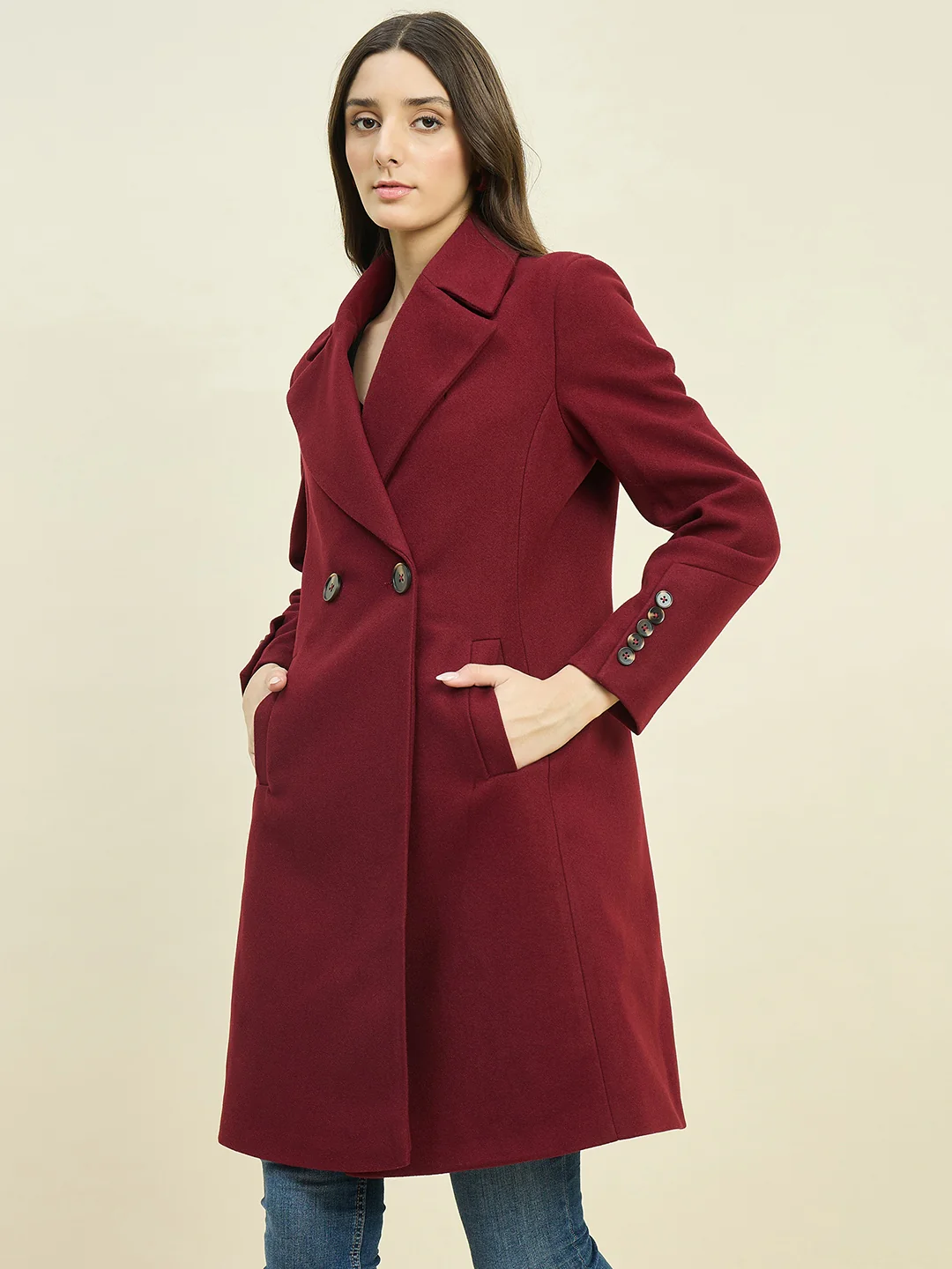 Madame Maroon Double Breasted Long Coat - Image 5