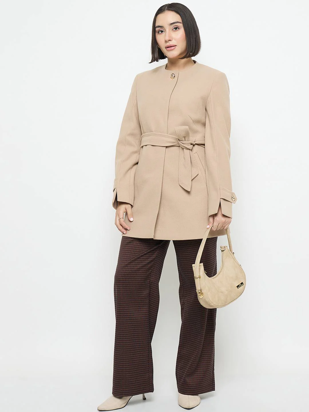 Madame Beige Belted Long Coat - Image 2