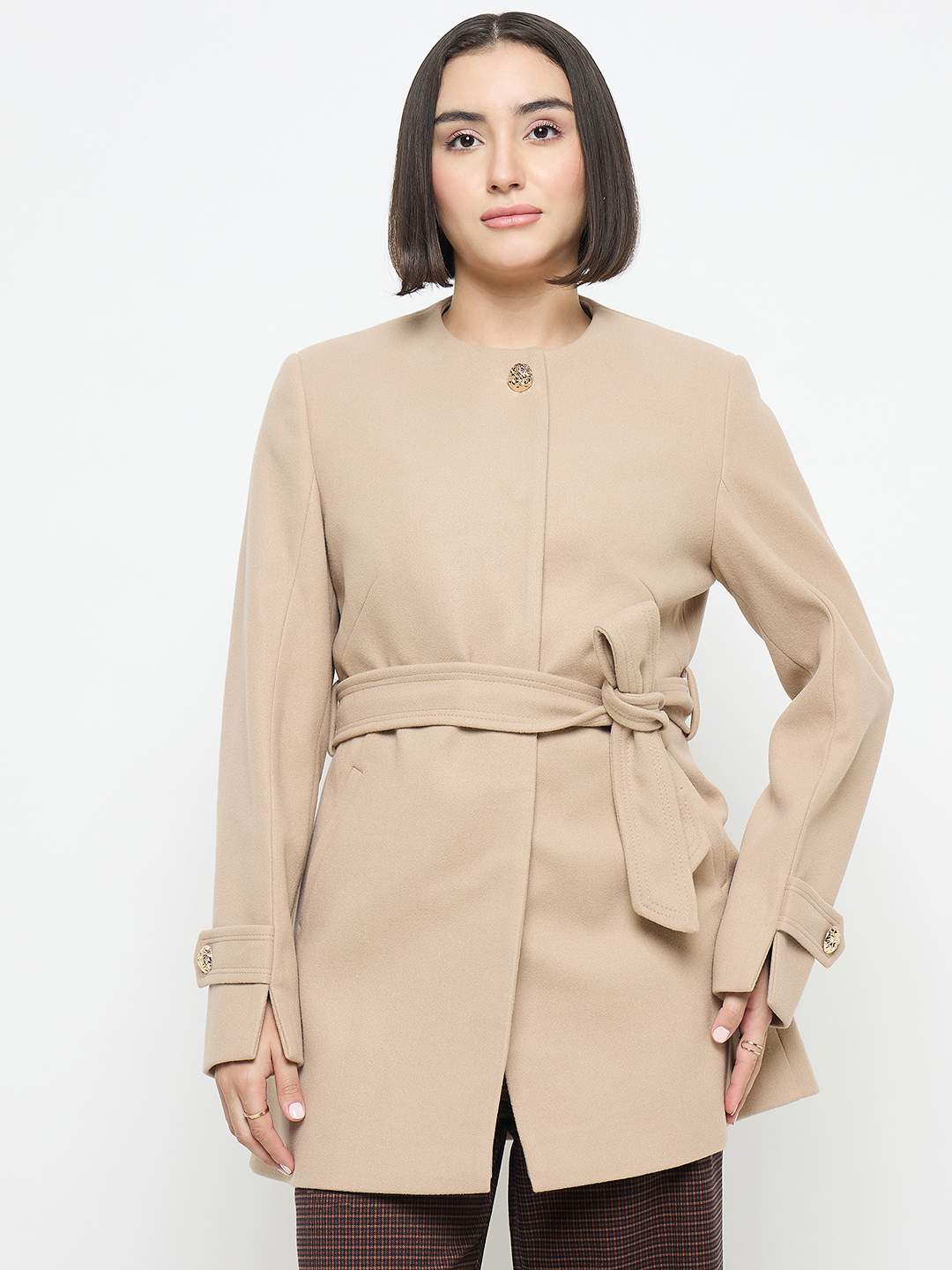 Madame Beige Belted Long Coat - Image 3