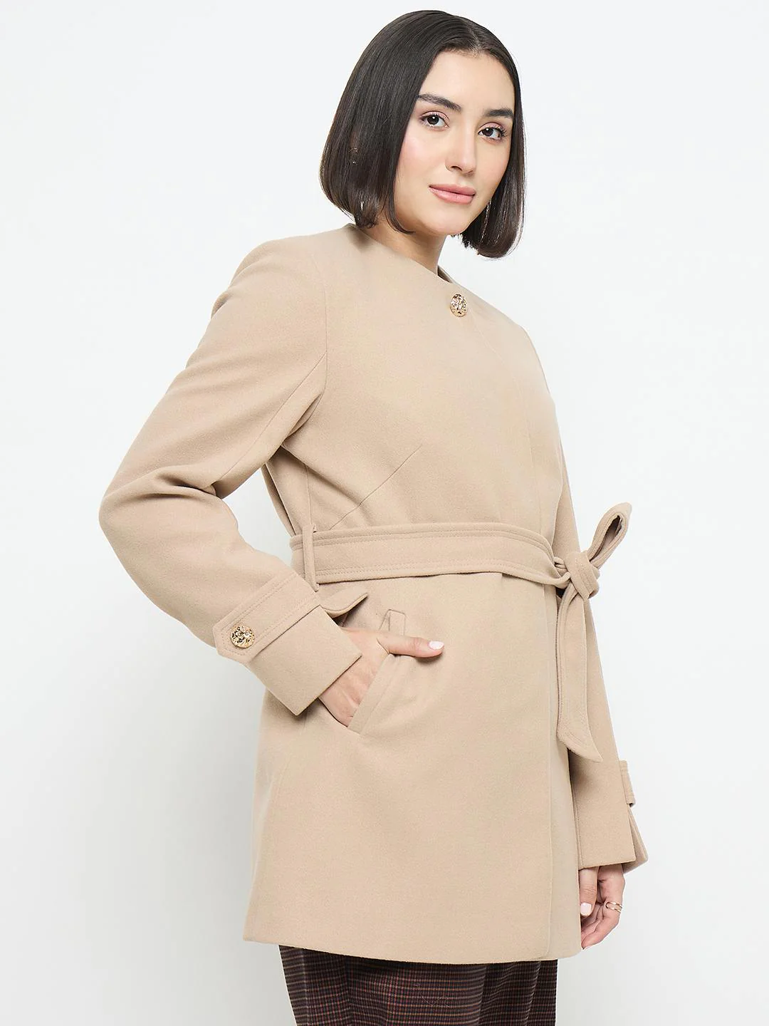 Madame Beige Belted Long Coat - Image 4