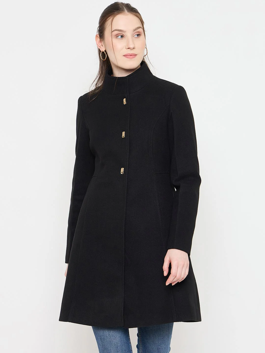Madame Black Long Coat with Stand Collar and Buttons