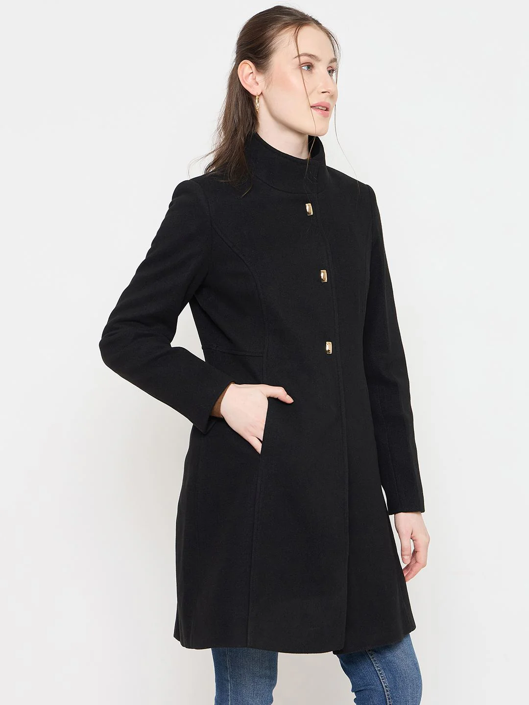 Madame Black Long Coat with Stand Collar and Buttons - Image 4