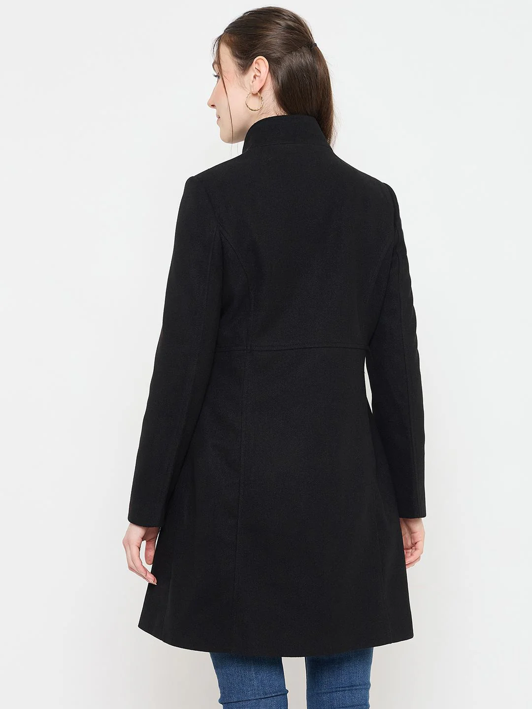Madame Black Long Coat with Stand Collar and Buttons - Image 5
