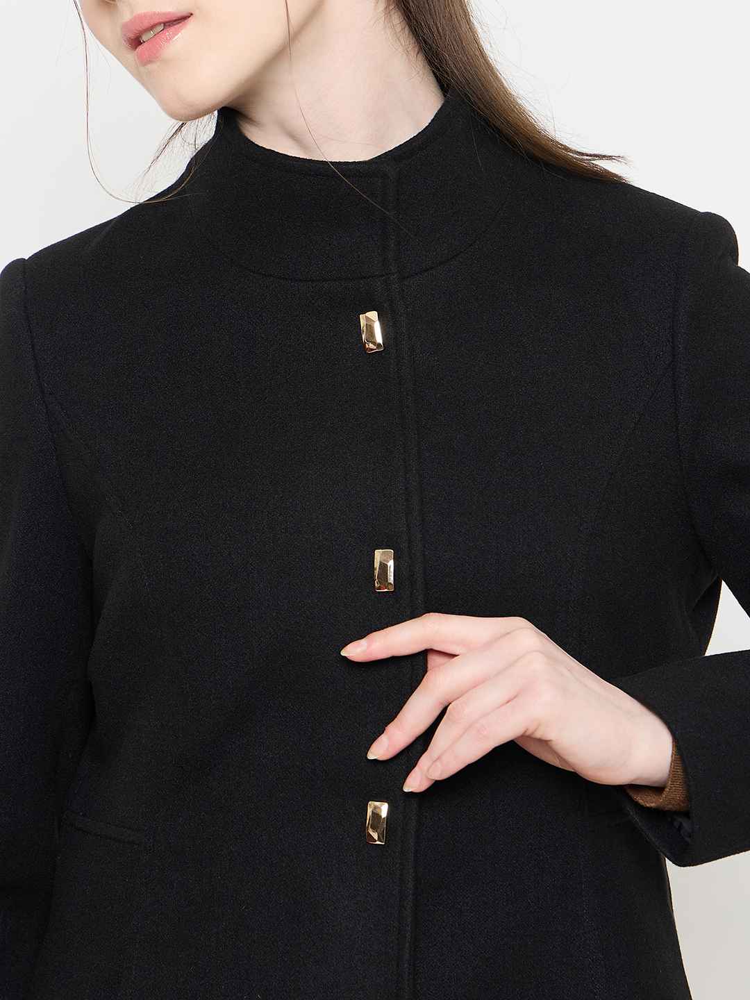 Madame Black Long Coat with Stand Collar and Buttons - Image 6