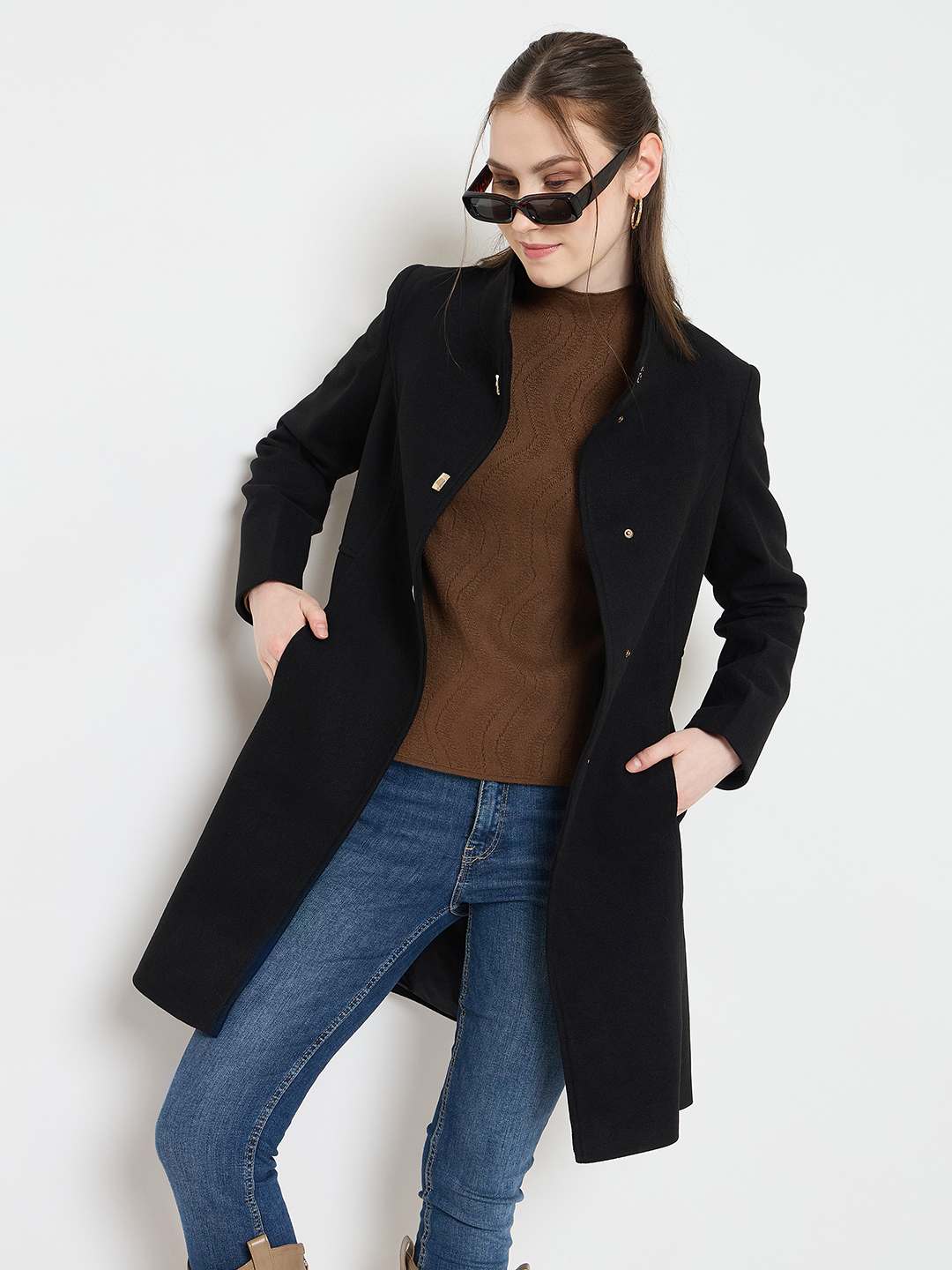 Madame Black Long Coat with Stand Collar and Buttons - Image 8