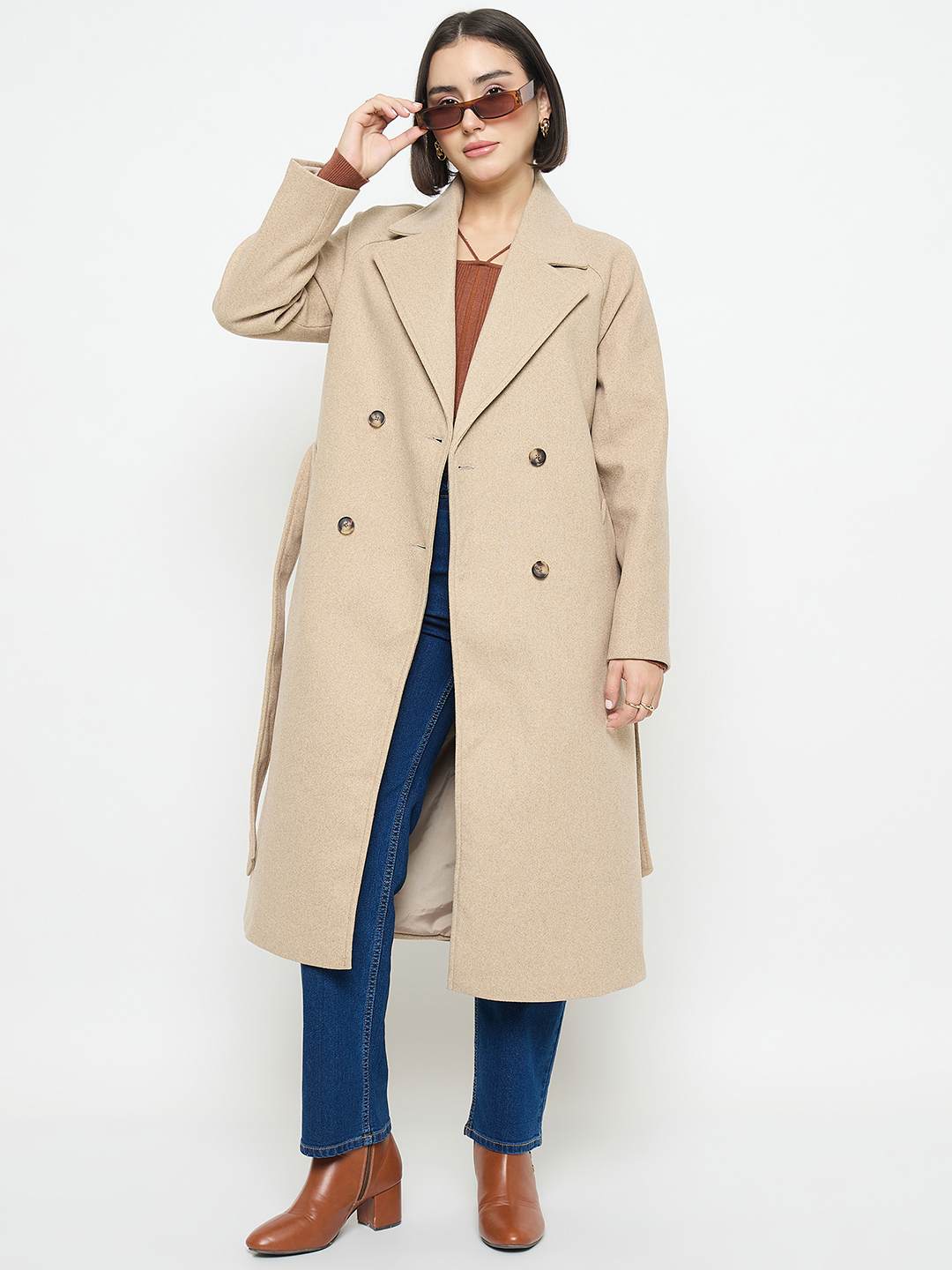 Madame Beige Belted Long Coat - Image 3