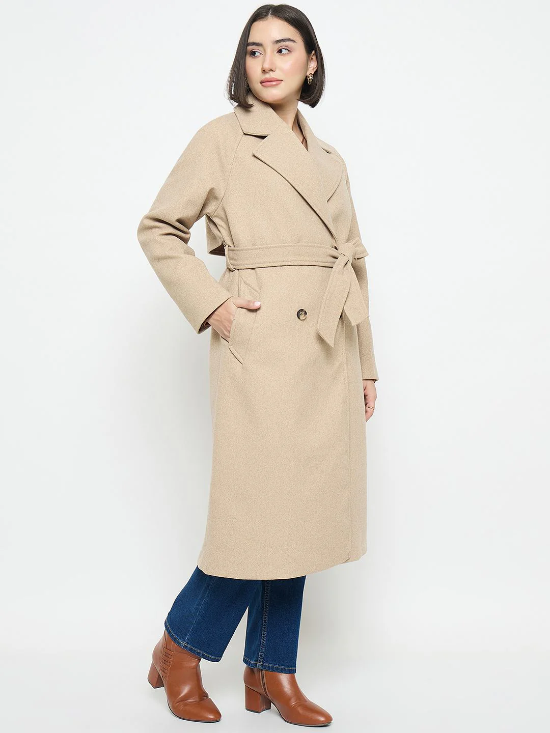Madame Beige Belted Long Coat - Image 4