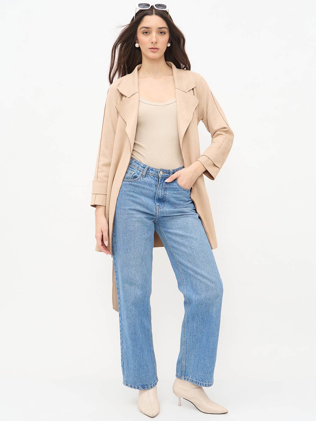 Madame Beige Trench Coat with Lapel Notch Neckline and Belt - Image 3