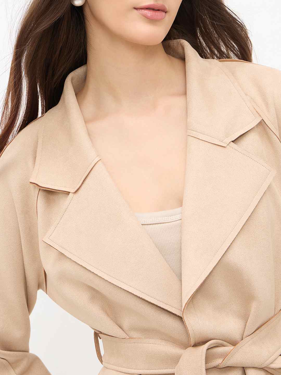 Madame Beige Trench Coat with Lapel Notch Neckline and Belt - Image 7