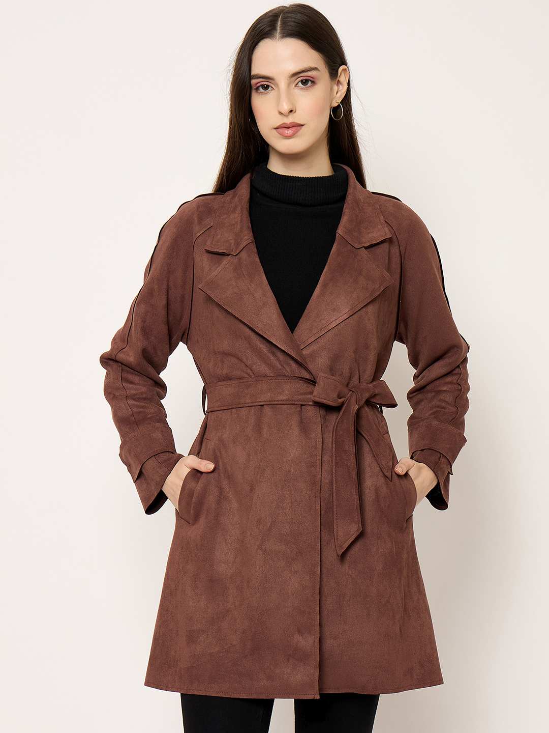 Madame Brown Trench Coat with Notch Lapel Neckline and Belt - Image 2