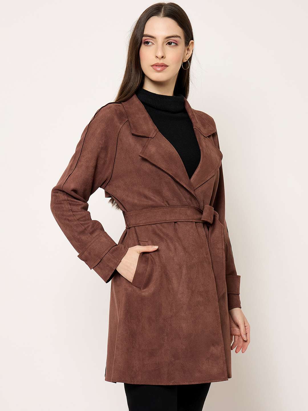 Madame Brown Trench Coat with Notch Lapel Neckline and Belt - Image 4