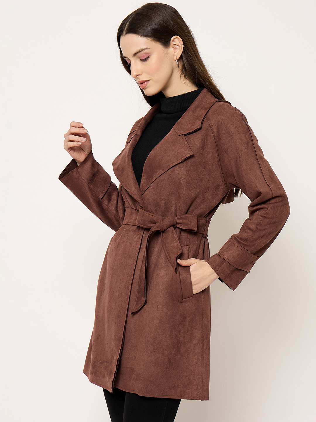 Madame Brown Trench Coat with Notch Lapel Neckline and Belt - Image 5