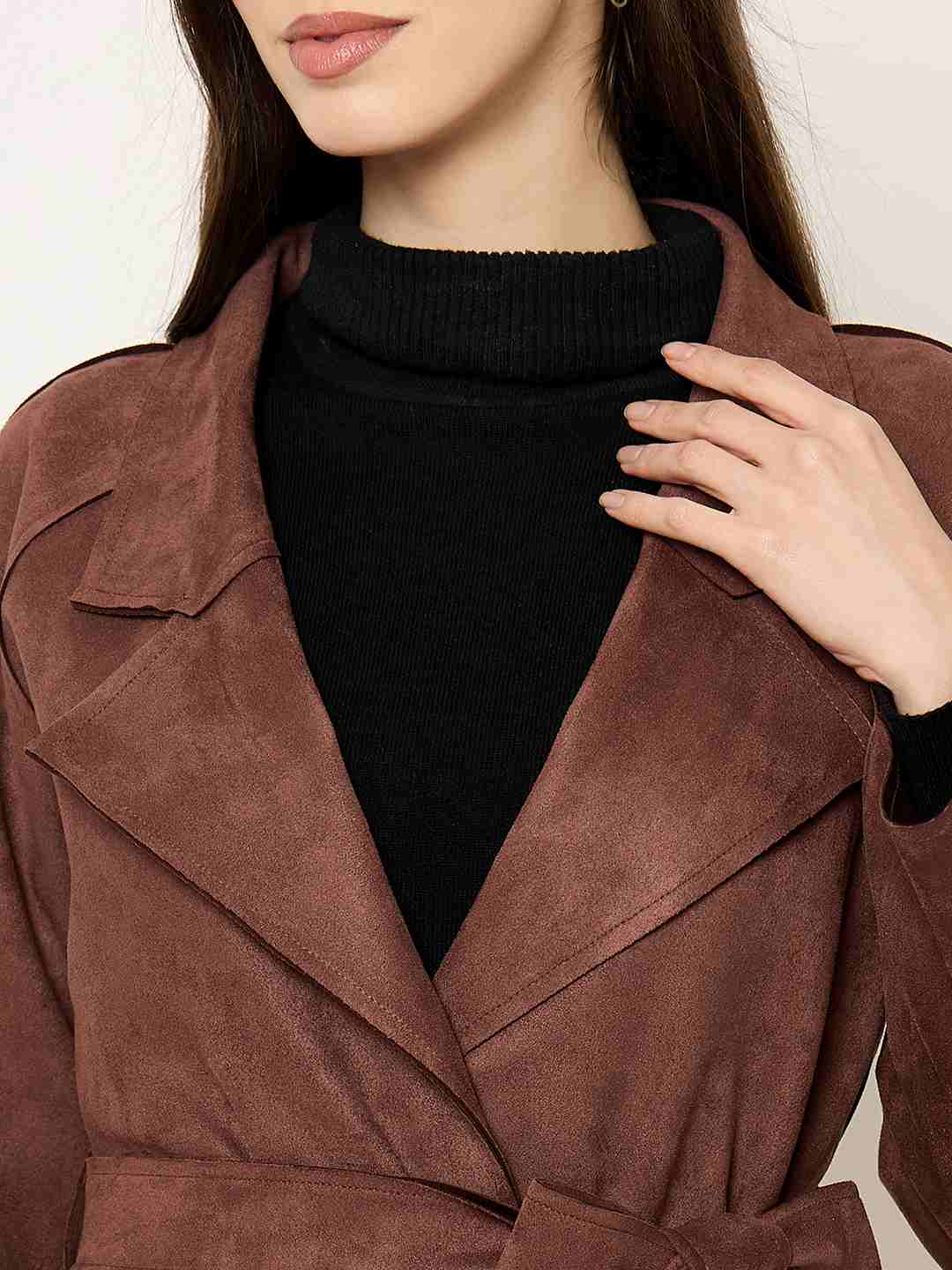 Madame Brown Trench Coat with Notch Lapel Neckline and Belt - Image 7