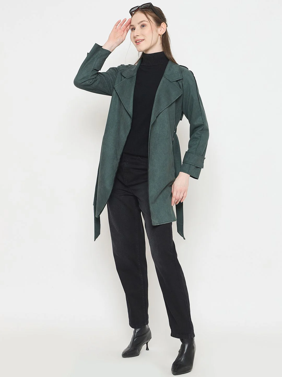 Madame Teal Trench Coat with Notched Lapel Neckline and Belt - Image 3