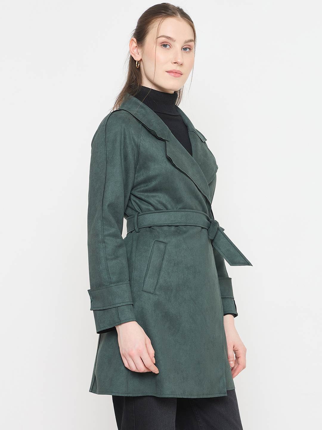 Madame Teal Trench Coat with Notched Lapel Neckline and Belt - Image 4