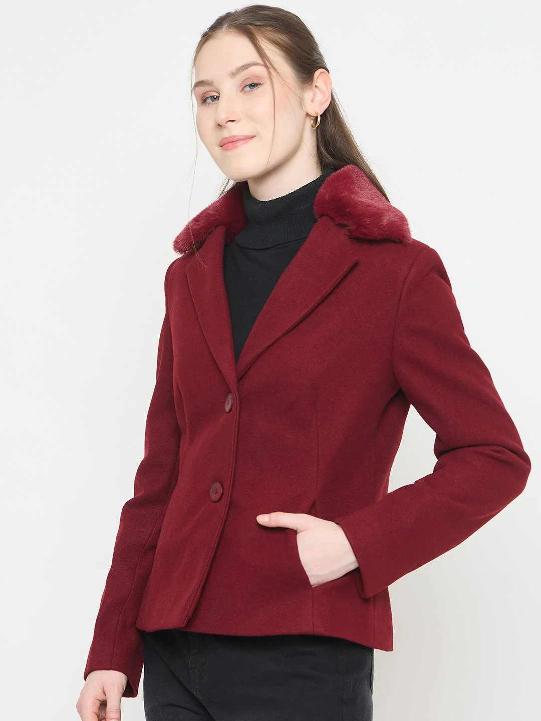 Madame Maroon Short Coat with Faux Fur Notched Lapel Neckline - Image 5