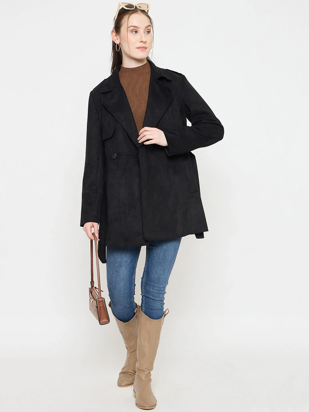 Madame Black Coat with Notched Lapel Collar and Belt - Image 2