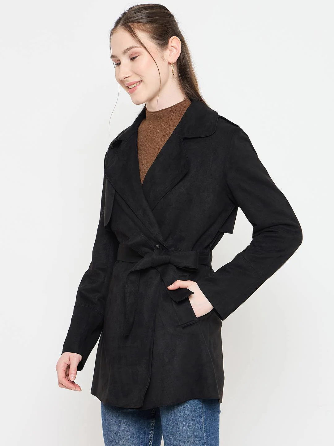 Madame Black Coat with Notched Lapel Collar and Belt - Image 5