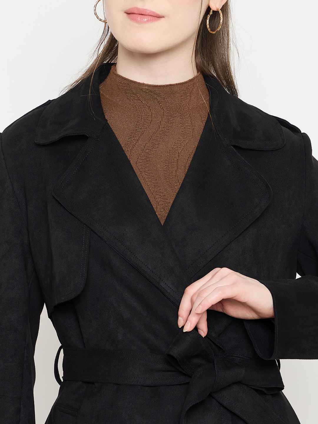 Madame Black Coat with Notched Lapel Collar and Belt - Image 7