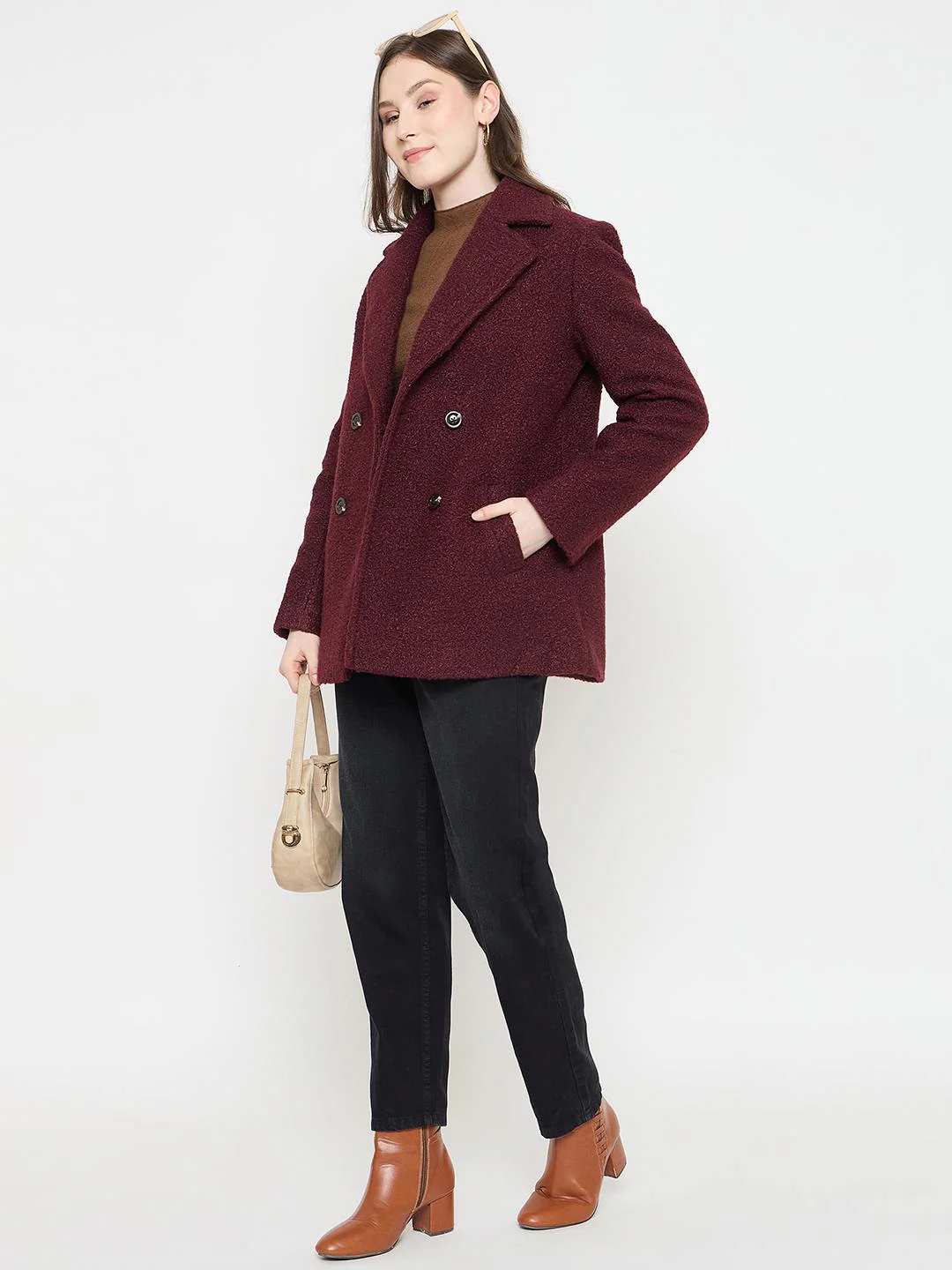 Madame Maroon Coat with Double Breasted Buttons and Notched Collar - Image 3