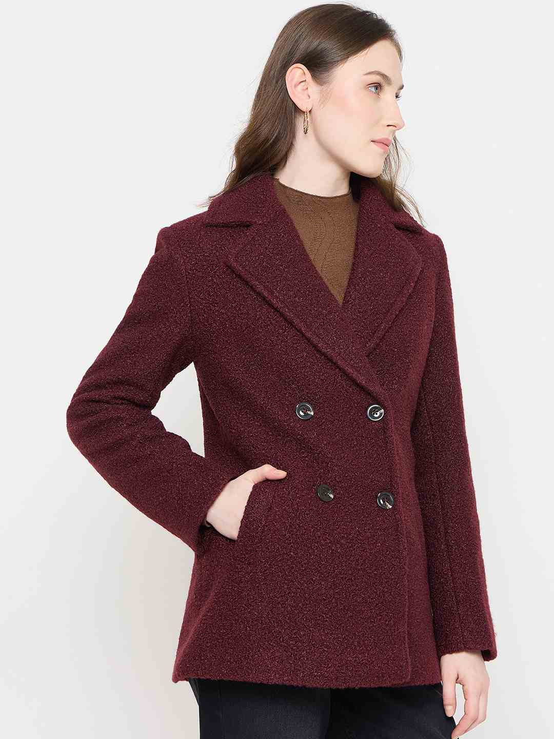 Madame Maroon Coat with Double Breasted Buttons and Notched Collar - Image 4