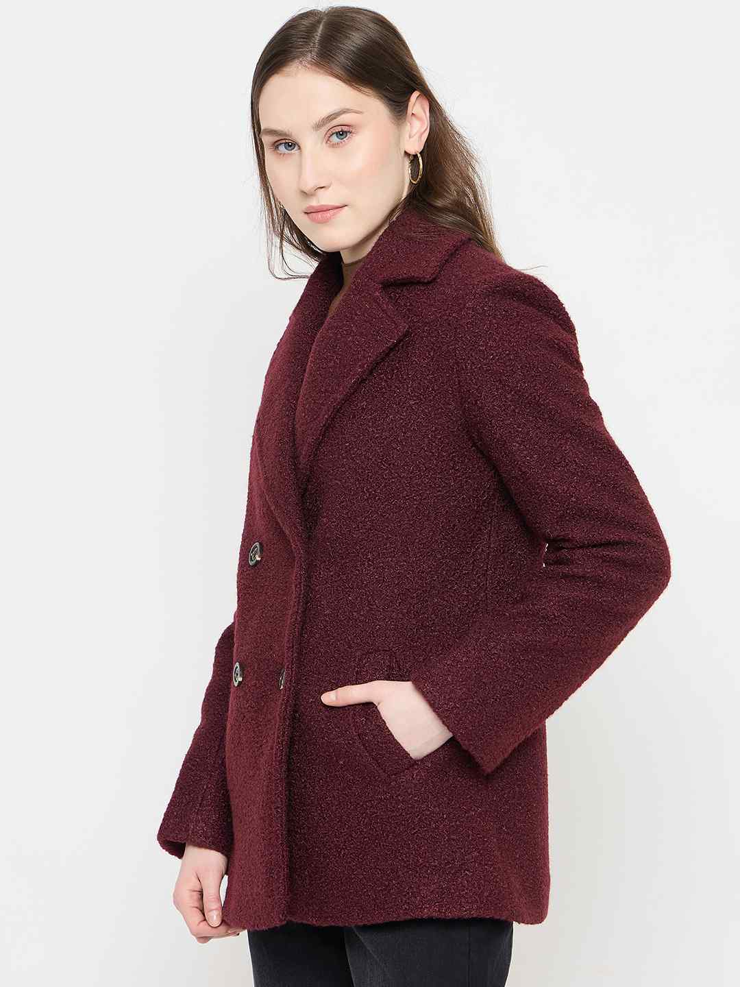 Madame Maroon Coat with Double Breasted Buttons and Notched Collar - Image 5
