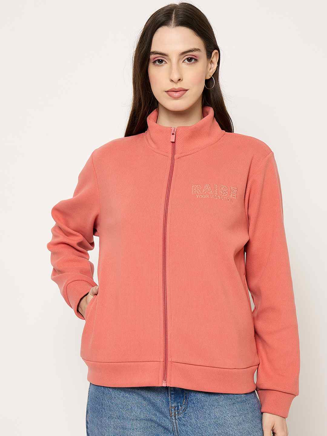 Madame Mock Neck Solid Peach Sweatshirt - Image 2