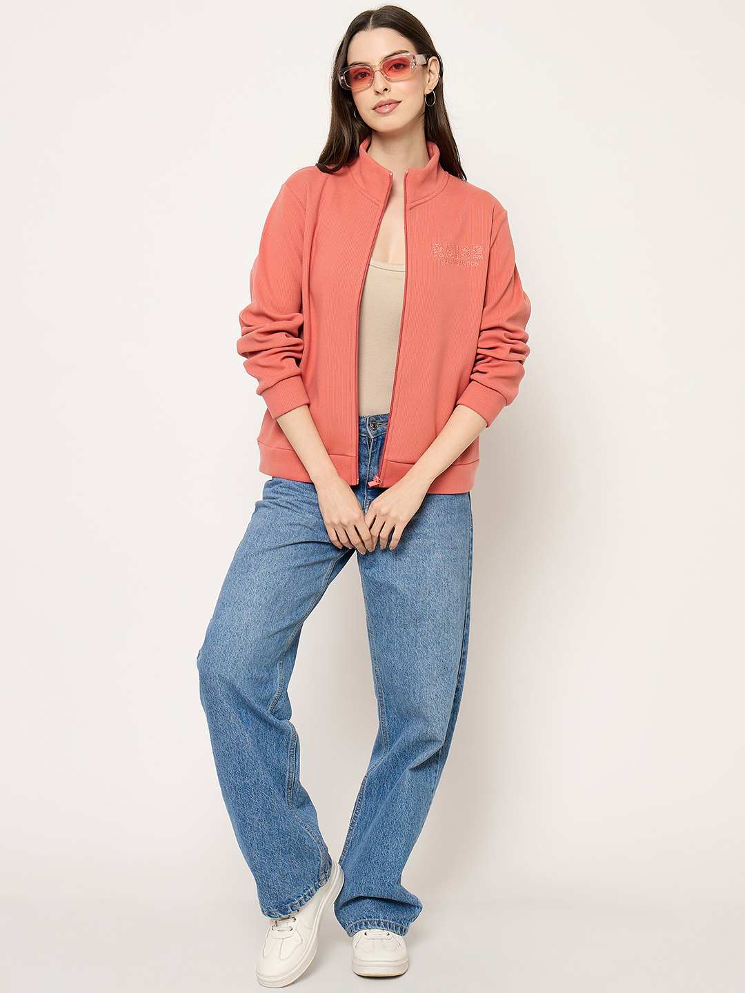 Madame Mock Neck Solid Peach Sweatshirt - Image 3