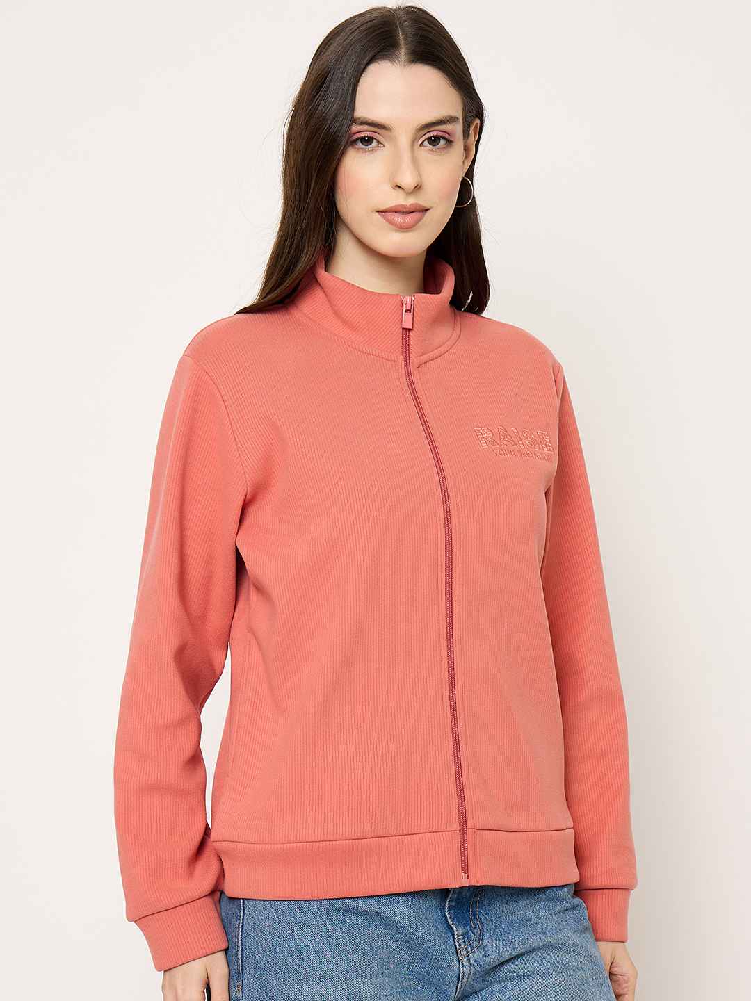 Madame Mock Neck Solid Peach Sweatshirt - Image 4