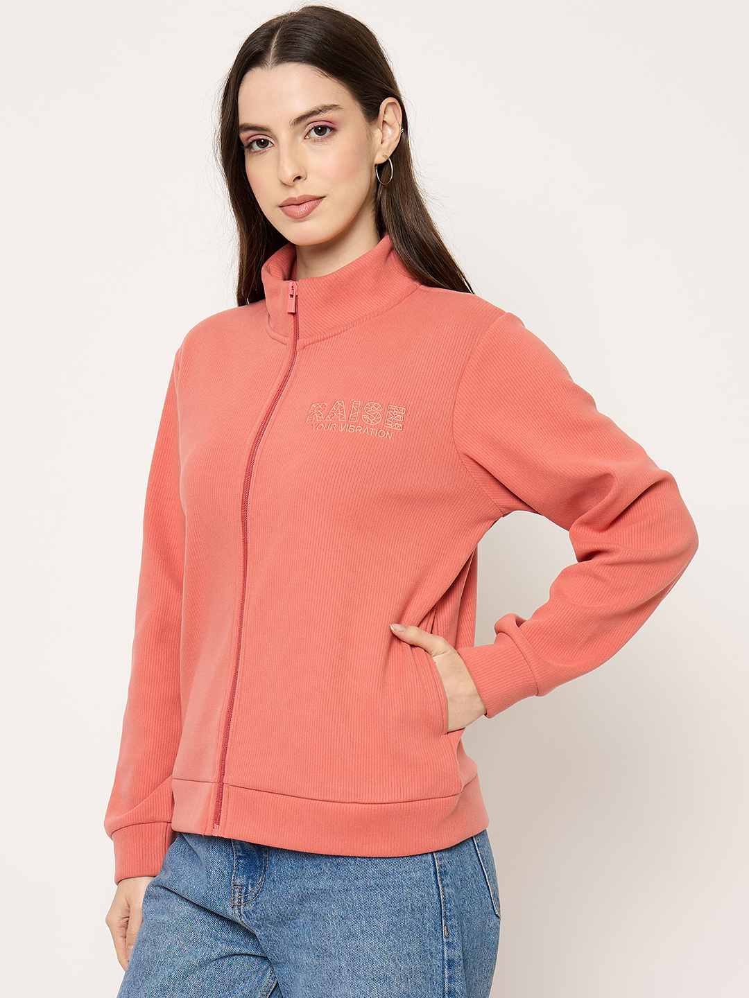 Madame Mock Neck Solid Peach Sweatshirt - Image 5