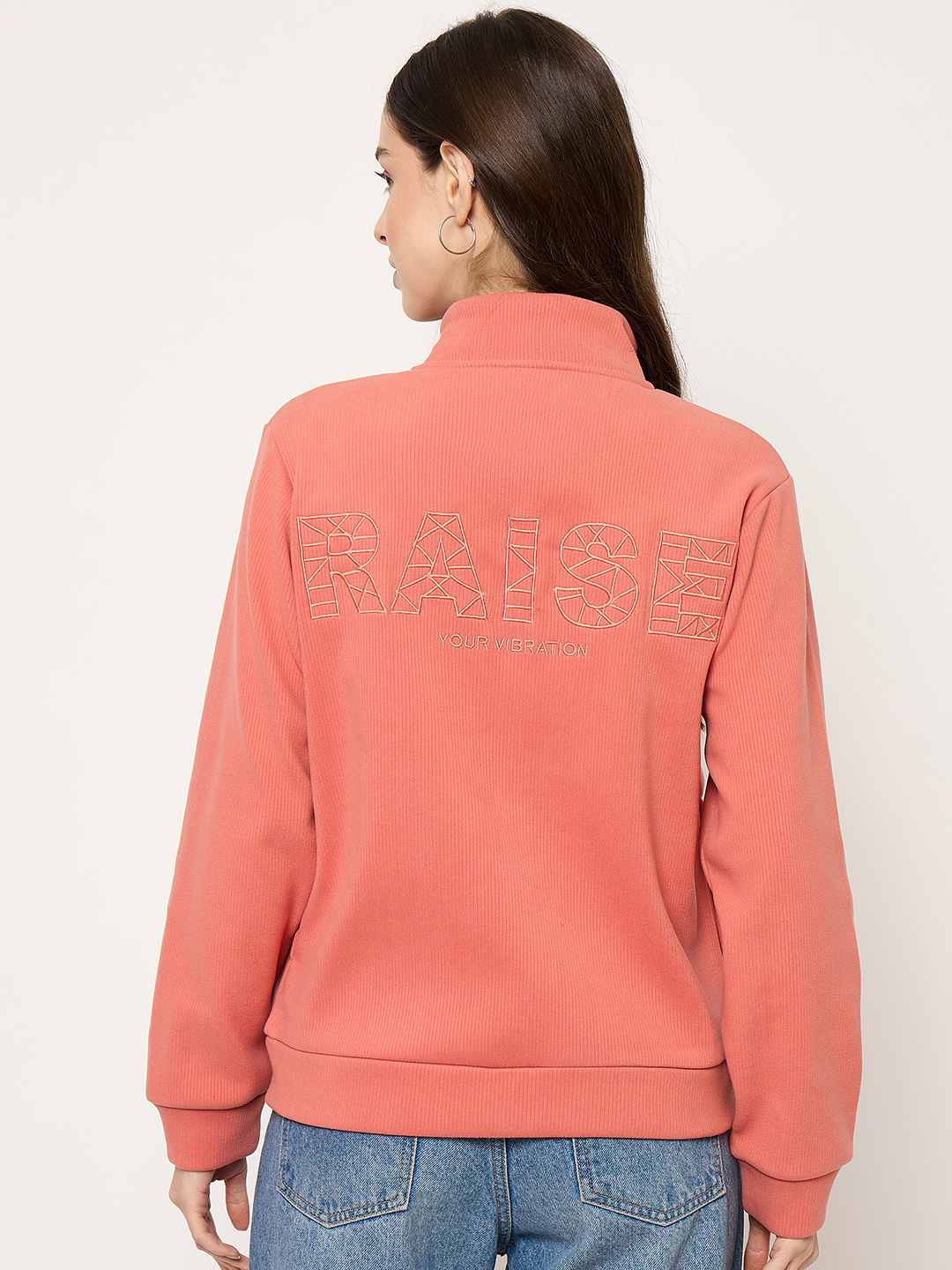 Madame Mock Neck Solid Peach Sweatshirt - Image 6