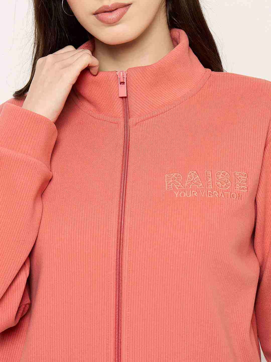 Madame Mock Neck Solid Peach Sweatshirt - Image 7