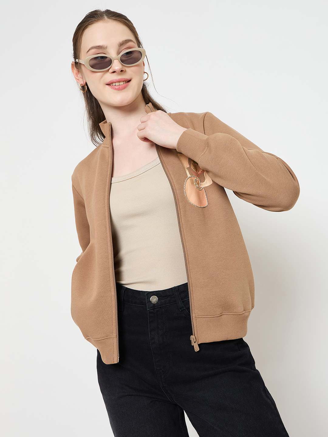 Madame Beige Mock Neck Sweatshirt with Graphic Print Pocket Patch