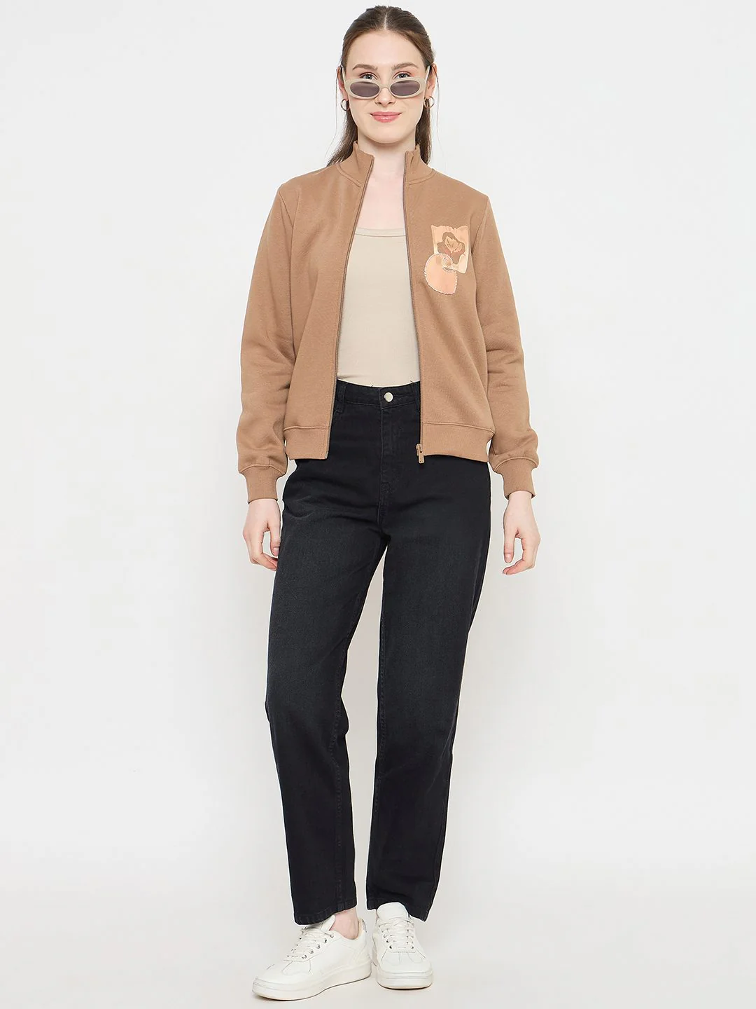 Madame Beige Mock Neck Sweatshirt with Graphic Print Pocket Patch - Image 2