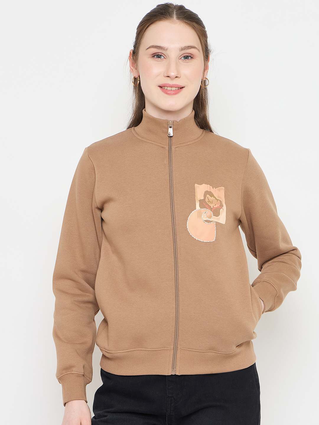 Madame Beige Mock Neck Sweatshirt with Graphic Print Pocket Patch - Image 3