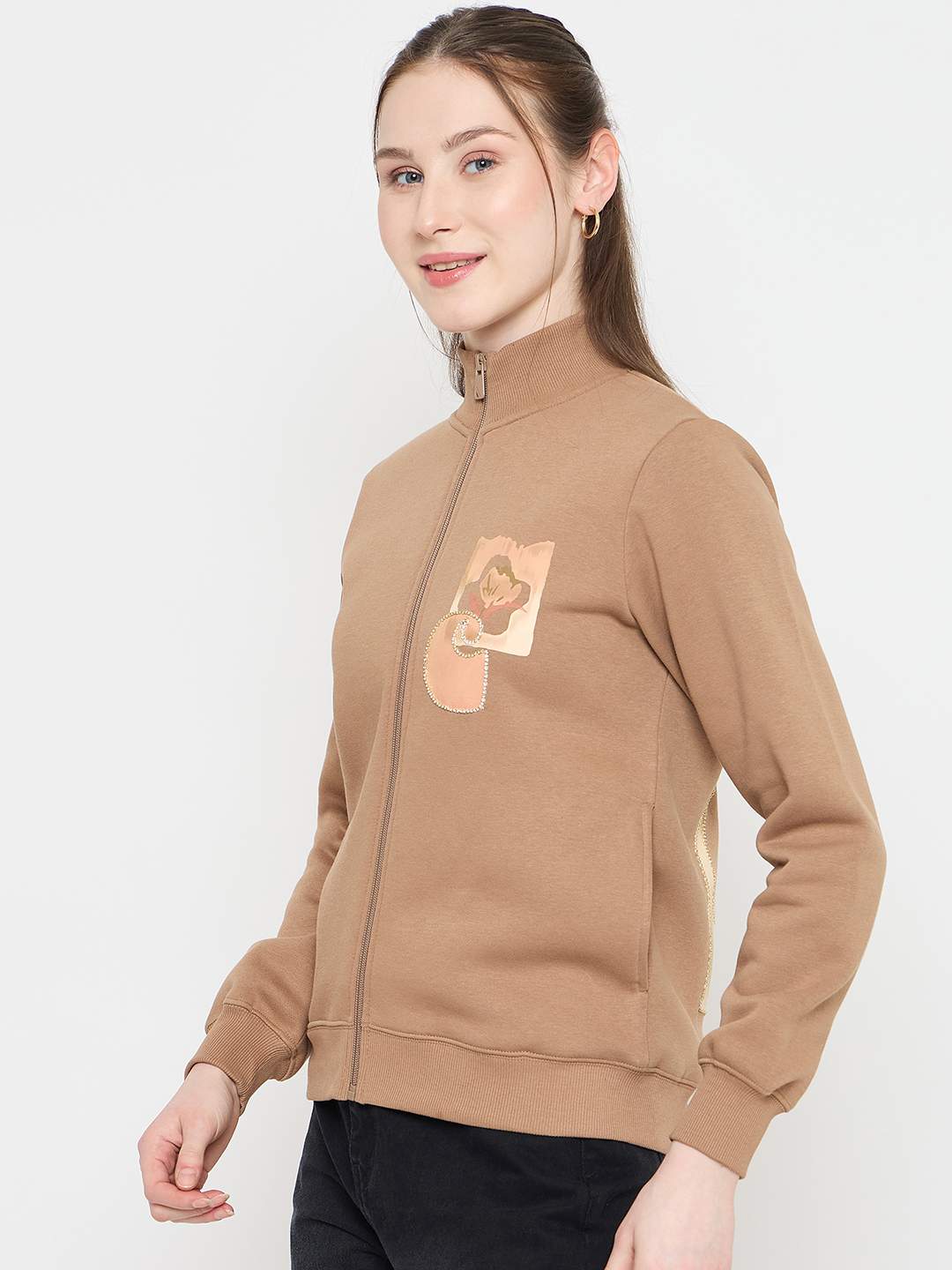 Madame Beige Mock Neck Sweatshirt with Graphic Print Pocket Patch - Image 5