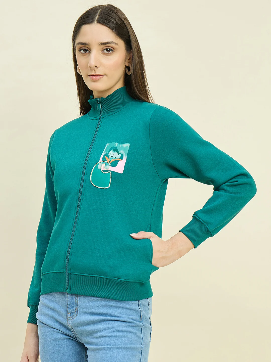 Madame Teal Blue Cotton Blend Sweatshirt - Image 5