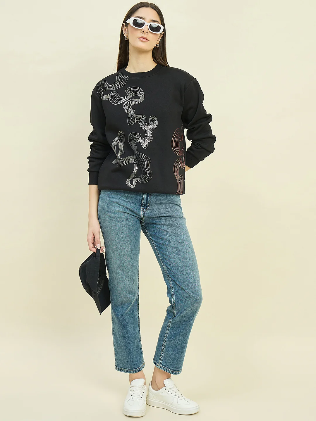 Madame Black Cotton Blend Printed Sweatshirt - Image 3
